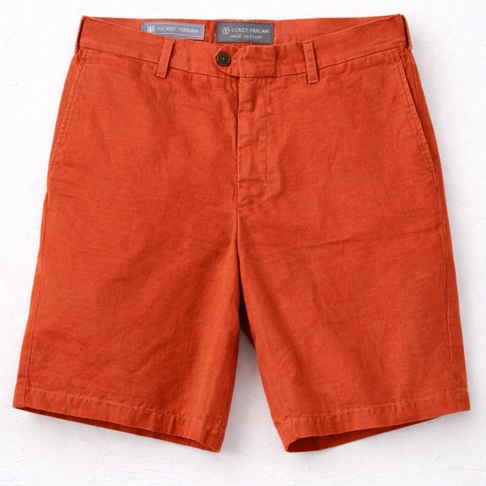 Hickey Freeman Linen Cotton Shorts Mens 36 Orange Flat Front Luxury Made Italy